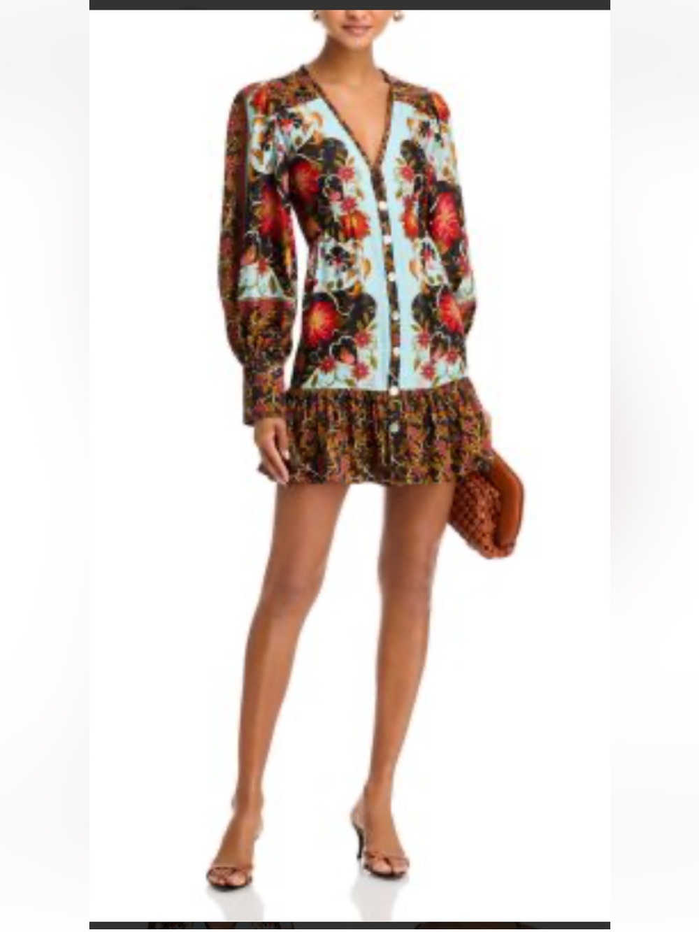 FARM Rio Multi Floral V-Neck Long-Sleeve Mini Dress